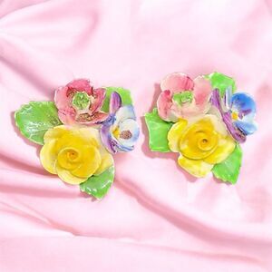 Vintage Porcelain Flower Clip-On Earrings – Made in England – 1 Inch
